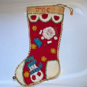 Vintage sequined felt‎ Christmas stocking with Santa Claus & a snowman